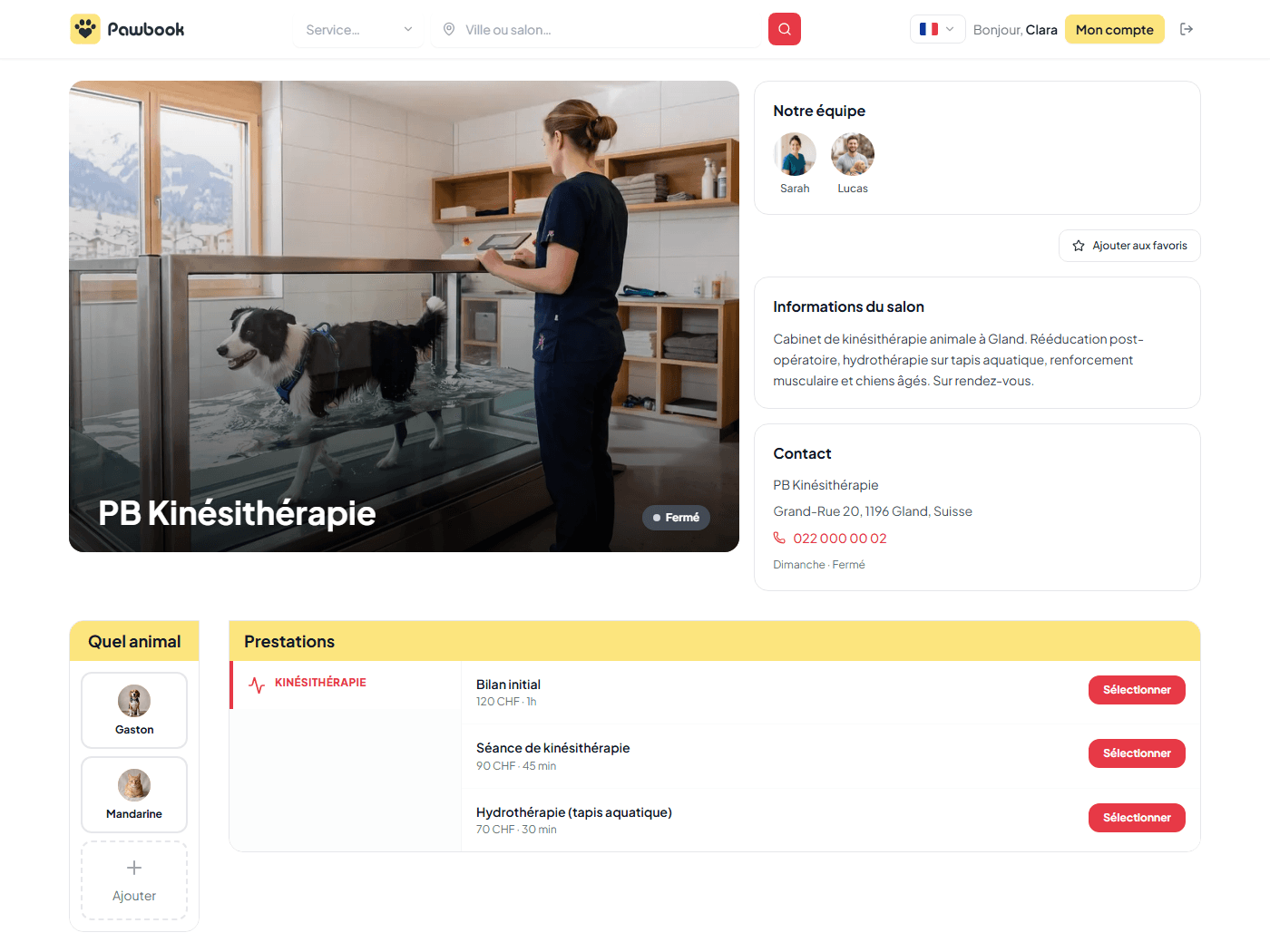 Page vitrine publique d'un cabinet de physiothérapie sur Pawbook