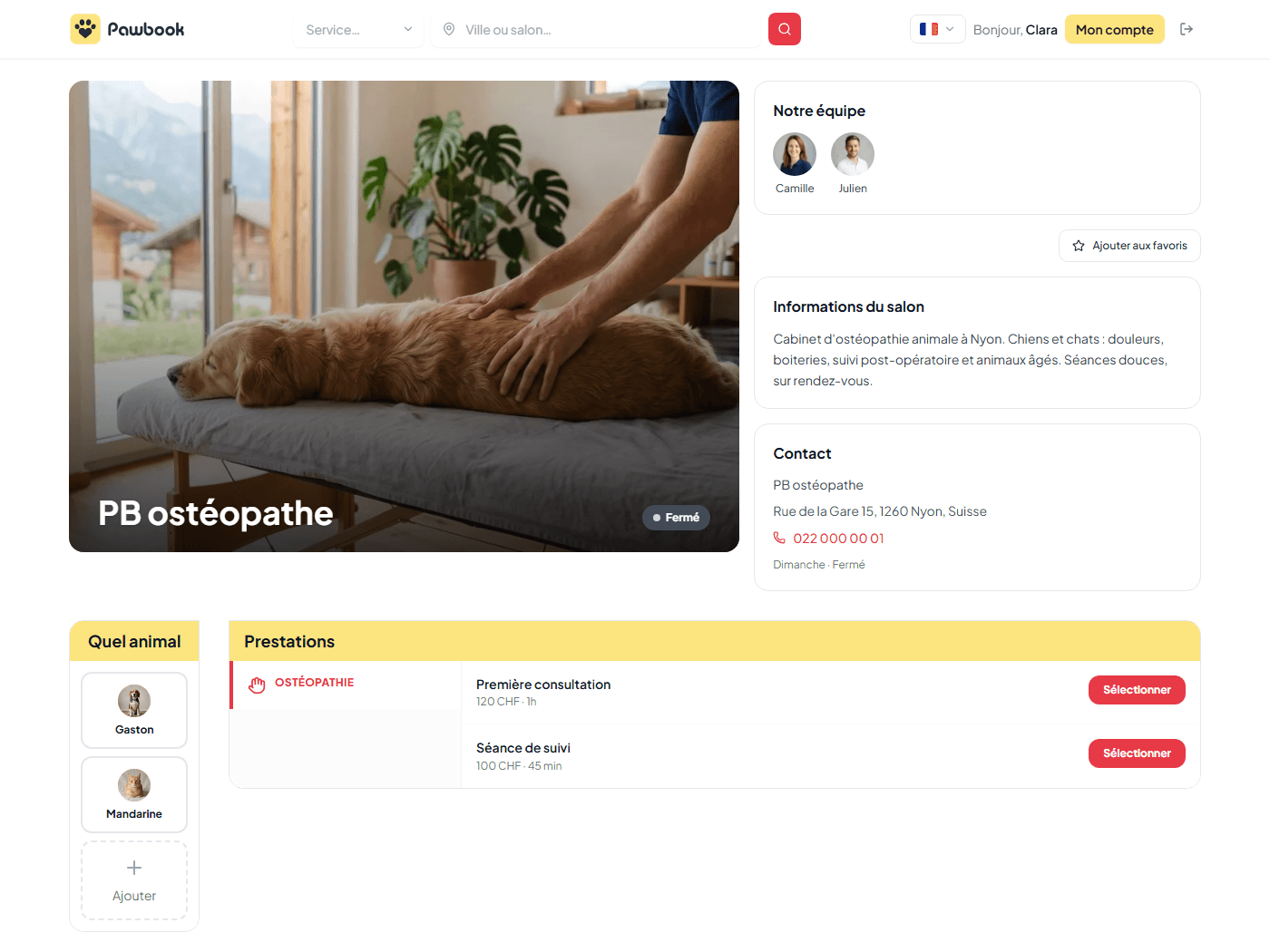 Page vitrine publique d'un cabinet d'ostéopathie sur Pawbook